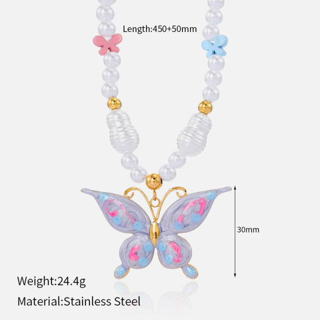 Summer beach trend pearl bead chain enamel starfish pendant necklace stainless steel necklace