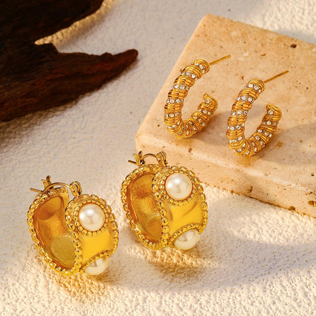 Easy match pearl bead spiral hoop earrings stainless steel earrings