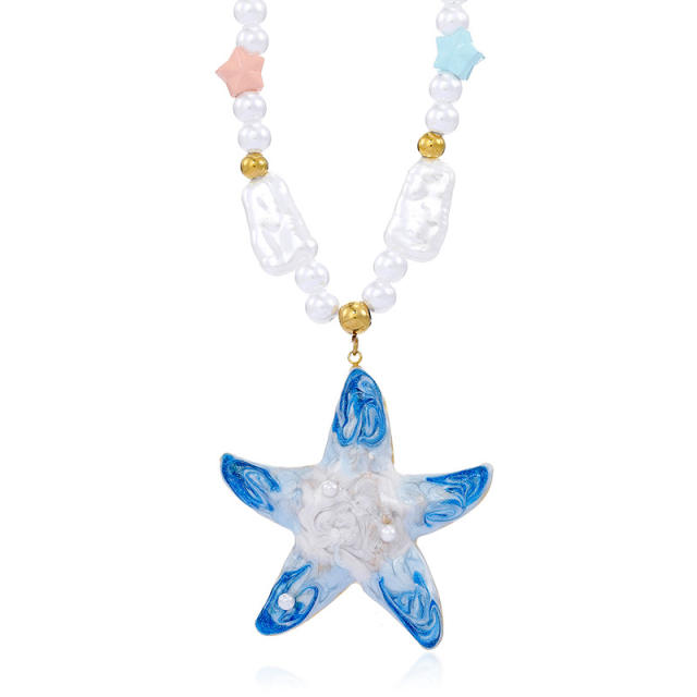 Summer beach trend pearl bead chain enamel starfish pendant necklace stainless steel necklace