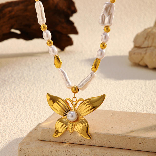 Summer beach trend pearl bead chain enamel starfish pendant necklace stainless steel necklace