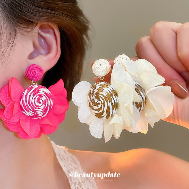 Silver Needle Rafi Grass Fabric Chiffon Petal Earrings