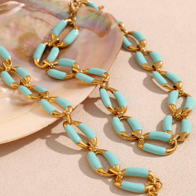 HIPHOP Summer green color enamel stainless steel chain necklace bracelet suit