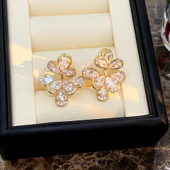 925 needle diamond petal flower copper jacket earrings