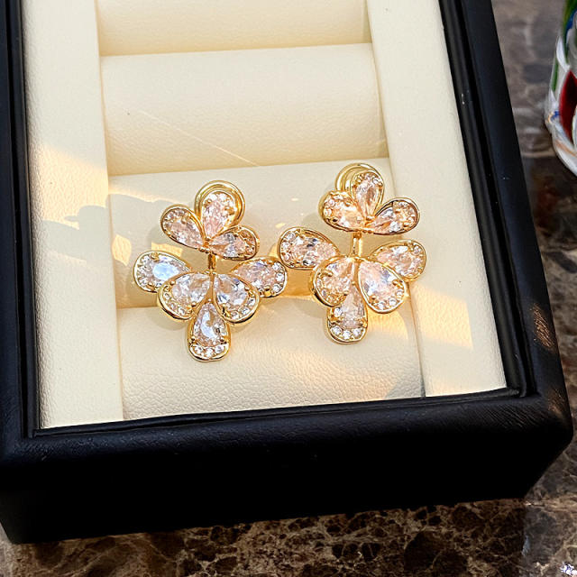 925 needle diamond petal flower copper jacket earrings