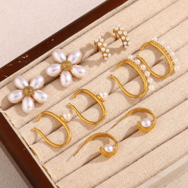 18KG Pearl flower stainless steel earrings collection