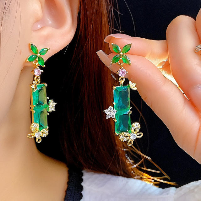 Exaggerated Long Small Flower Earrings green cubic ziron earrings