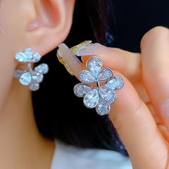 925 needle diamond petal flower copper jacket earrings