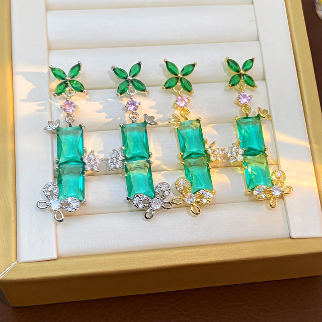 Exaggerated Long Small Flower Earrings green cubic ziron earrings