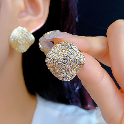 Hot sale full diamond geometric square copper earrings