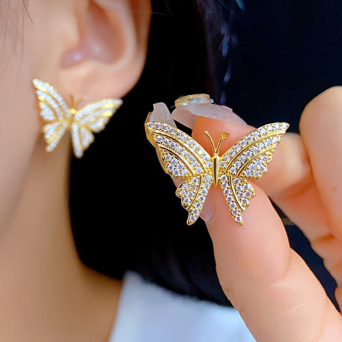 Personality full diamond butterfly copper earrings
