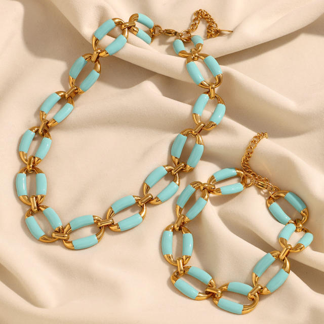 HIPHOP Summer green color enamel stainless steel chain necklace bracelet suit
