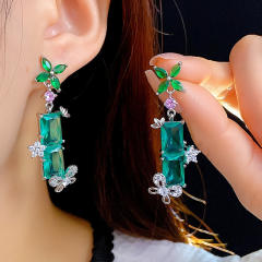 Exaggerated Long Small Flower Earrings green cubic ziron earrings