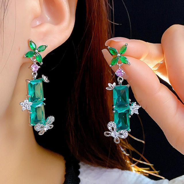 Exaggerated Long Small Flower Earrings green cubic ziron earrings