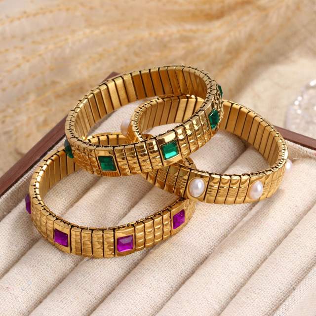 Chunky green purple cyrstal statement elastic stainless steel bangle