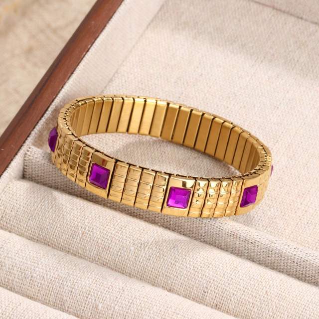 Chunky green purple cyrstal statement elastic stainless steel bangle
