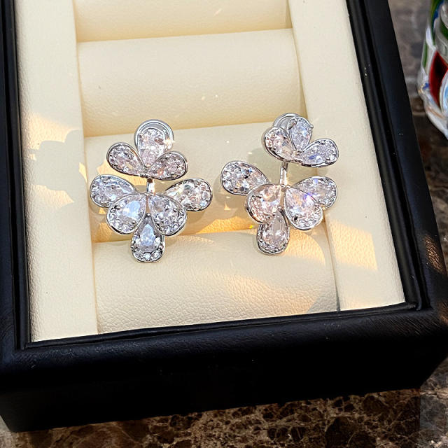 925 needle diamond petal flower copper jacket earrings