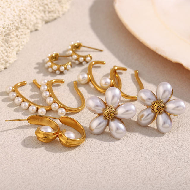 18KG Pearl flower stainless steel earrings collection