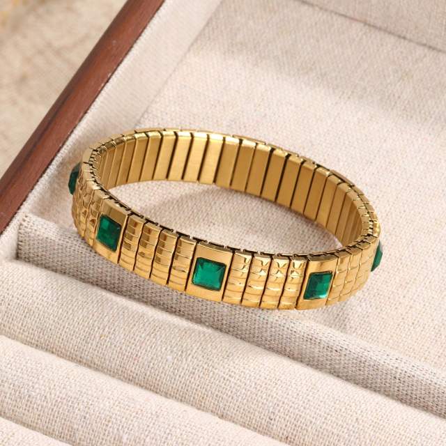 Chunky green purple cyrstal statement elastic stainless steel bangle