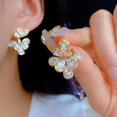 925 needle diamond petal flower copper jacket earrings