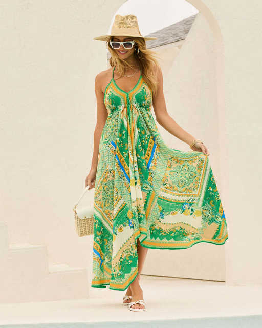 2025 Summer V-neck Women's Sling Printed Fairy Style Long Elegant Dress
