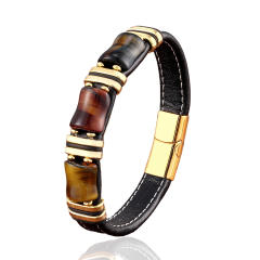 Stainless steel leather rope bracelet men's new Tiger Eye stone jewelry