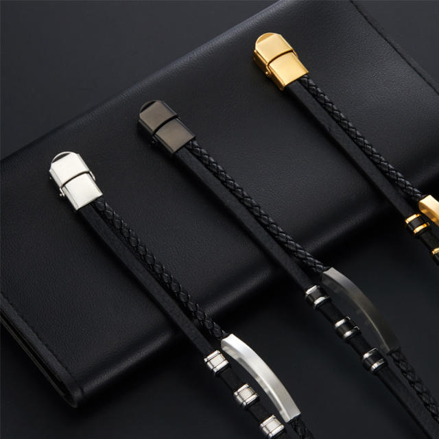 3-color stainless steel leather rope bracelet men's multi-layer simple woven leather bracelet