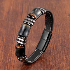 Stainless steel leather rope bracelet men's new Tiger Eye stone jewelry