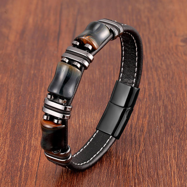 Stainless steel leather rope bracelet men's new Tiger Eye stone jewelry