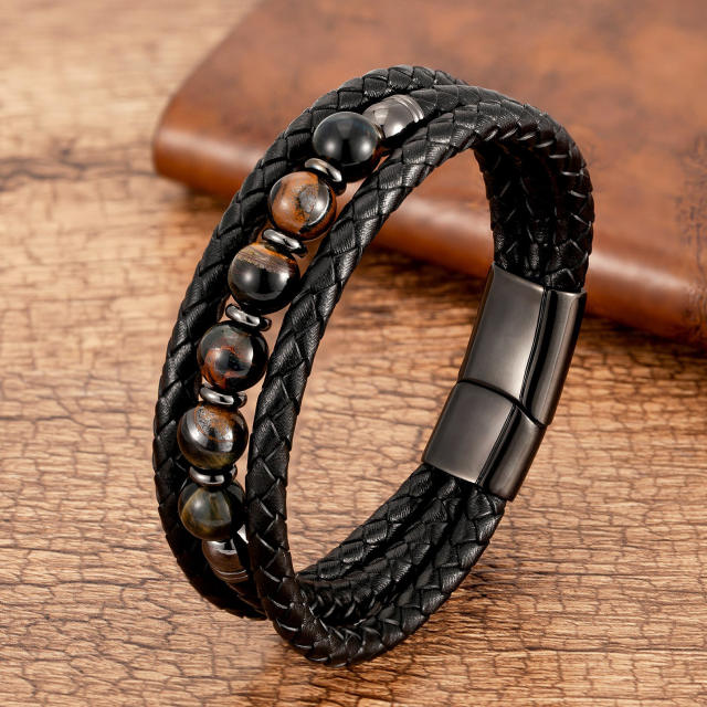 Trendy Stone Beaded Bracelet Multi-layer Leather Rope Bracelet
