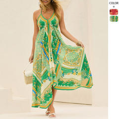 2025 Summer V-neck Women's Sling Printed Fairy Style Long Elegant Dress