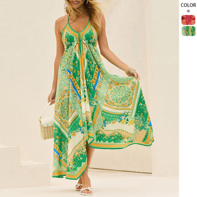 2025 Summer V-neck Women's Sling Printed Fairy Style Long Elegant Dress