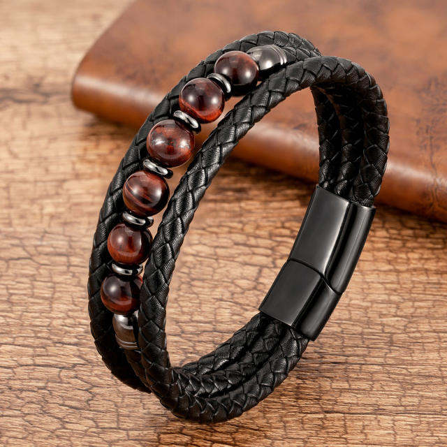 Trendy Stone Beaded Bracelet Multi-layer Leather Rope Bracelet