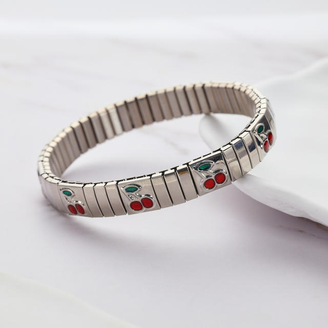Cherry strawberry enamel stainless steel bracelet elastic bracelet