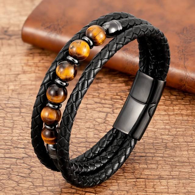 Trendy Stone Beaded Bracelet Multi-layer Leather Rope Bracelet
