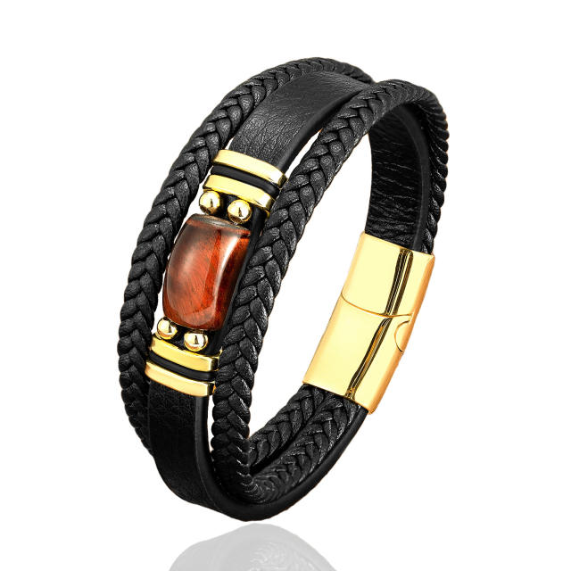 Popular men's Tiger Eye stone simple fashion bracelet stainless steel leather rope bracelet