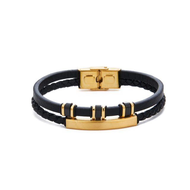 3-color stainless steel leather rope bracelet men's multi-layer simple woven leather bracelet