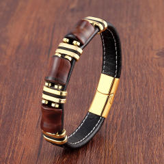 Stainless steel leather rope bracelet men's new Tiger Eye stone jewelry