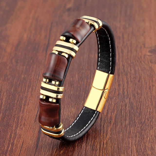 Stainless steel leather rope bracelet men's new Tiger Eye stone jewelry