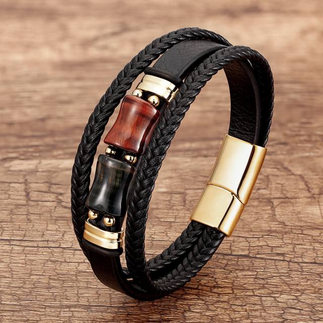 Bamboo Tiger Eye Stone bracelet multi-layer woven leather bracelet