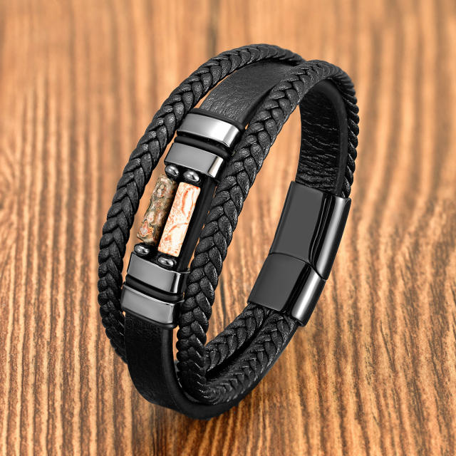 Vintage braided leather rope bracelet multi-layer stone bracelet stainless steel magnetic buckle men's fashion bracelet