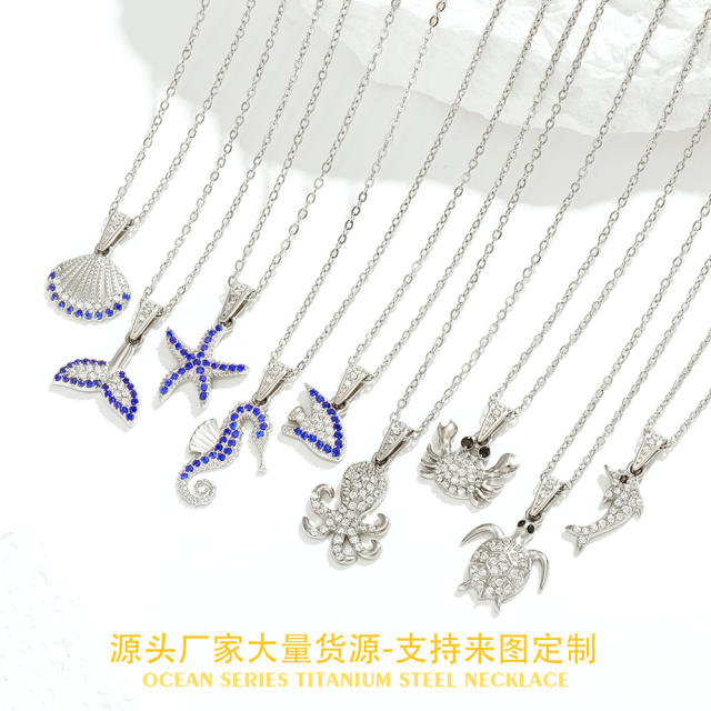 Summer holiday diamond ocean animal pendant stainless steel necklace
