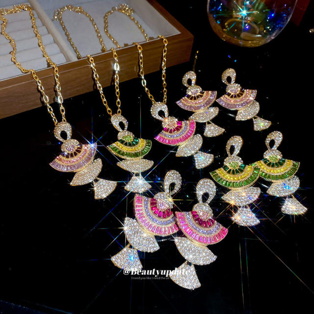 925 needle luxury diamond fan shape pendant earrings necklace suit