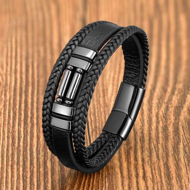 Vintage braided leather rope bracelet multi-layer stone bracelet stainless steel magnetic buckle men's fashion bracelet