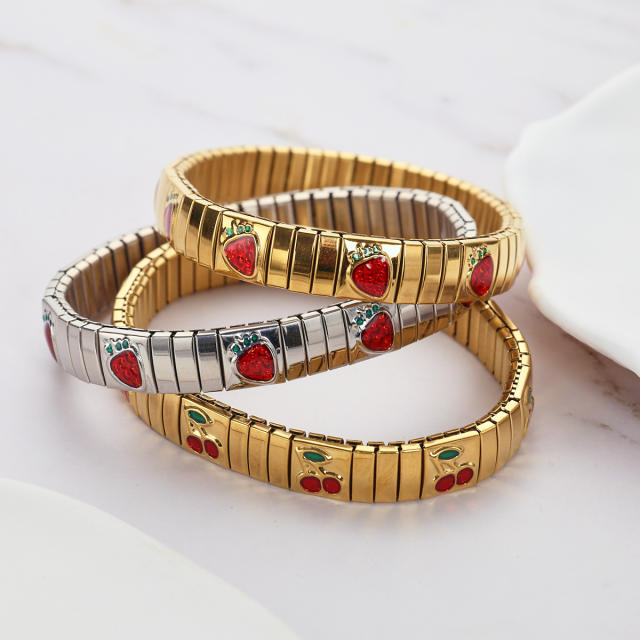 Cherry strawberry enamel stainless steel bracelet elastic bracelet