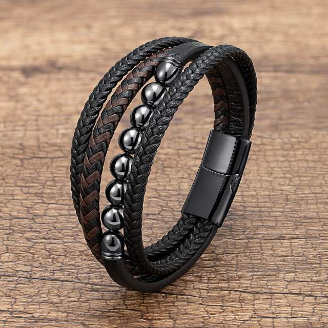 Stainless Steel Buckle Multi-layer Leather Rope Hand-woven Bracelet