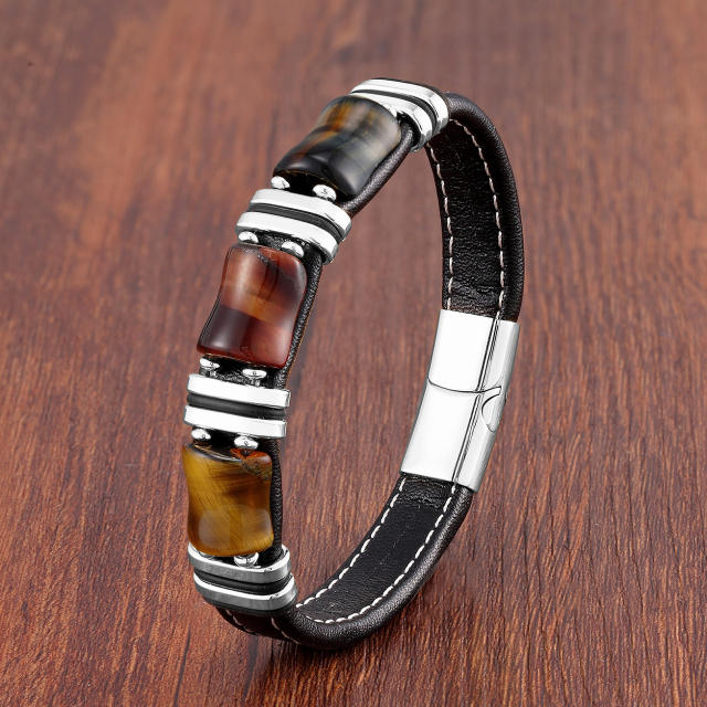 Stainless steel leather rope bracelet men's new Tiger Eye stone jewelry