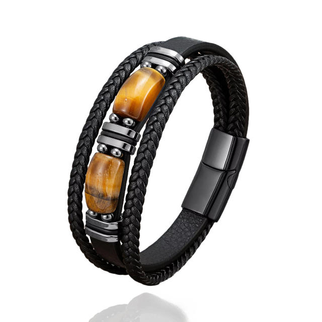 Tiger Eye Bracelet Men's multi-layer leather rope bracelet stainless steel magnet buckle hand jewelry
