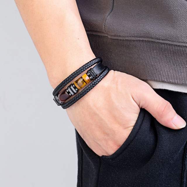 Tiger Eye Bracelet Men's multi-layer leather rope bracelet stainless steel magnet buckle hand jewelry