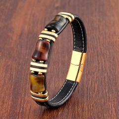 Stainless steel leather rope bracelet men's new Tiger Eye stone jewelry