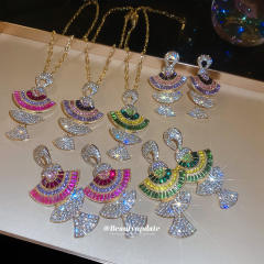 925 needle luxury diamond fan shape pendant earrings necklace suit